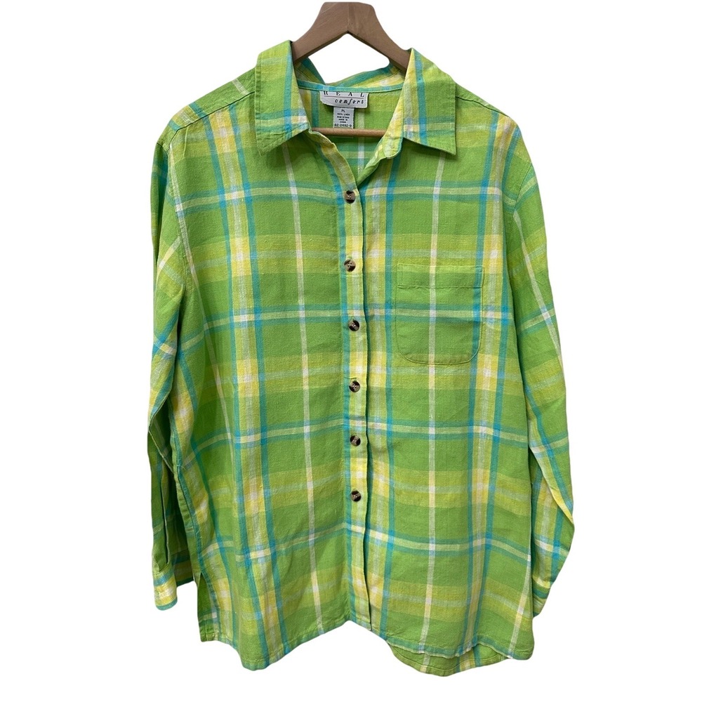 Real‎ Comfort Linen Button Down Shirt PL Green Plaid Long Sleeve Coastal Relaxed